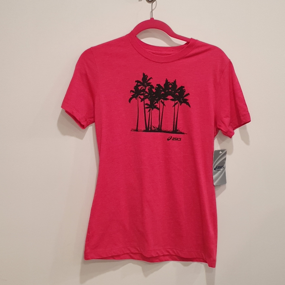 NWT Asics palm tree graphic tee, coral Red, size medium